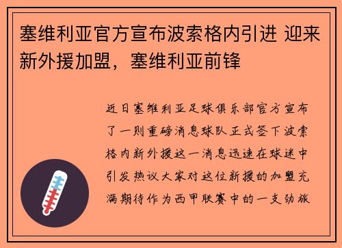 塞维利亚官方宣布波索格内引进 迎来新外援加盟，塞维利亚前锋